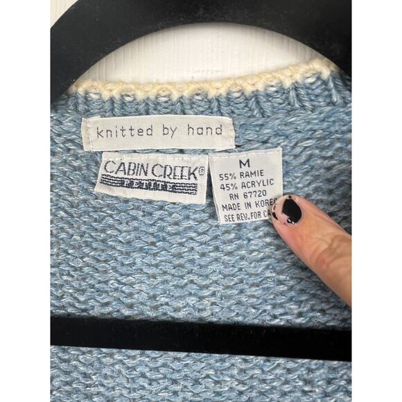 Vintage 80s Cabin Creek Boho Western Grannycore Blue White Cardigan Medium - Picture 5 of 9